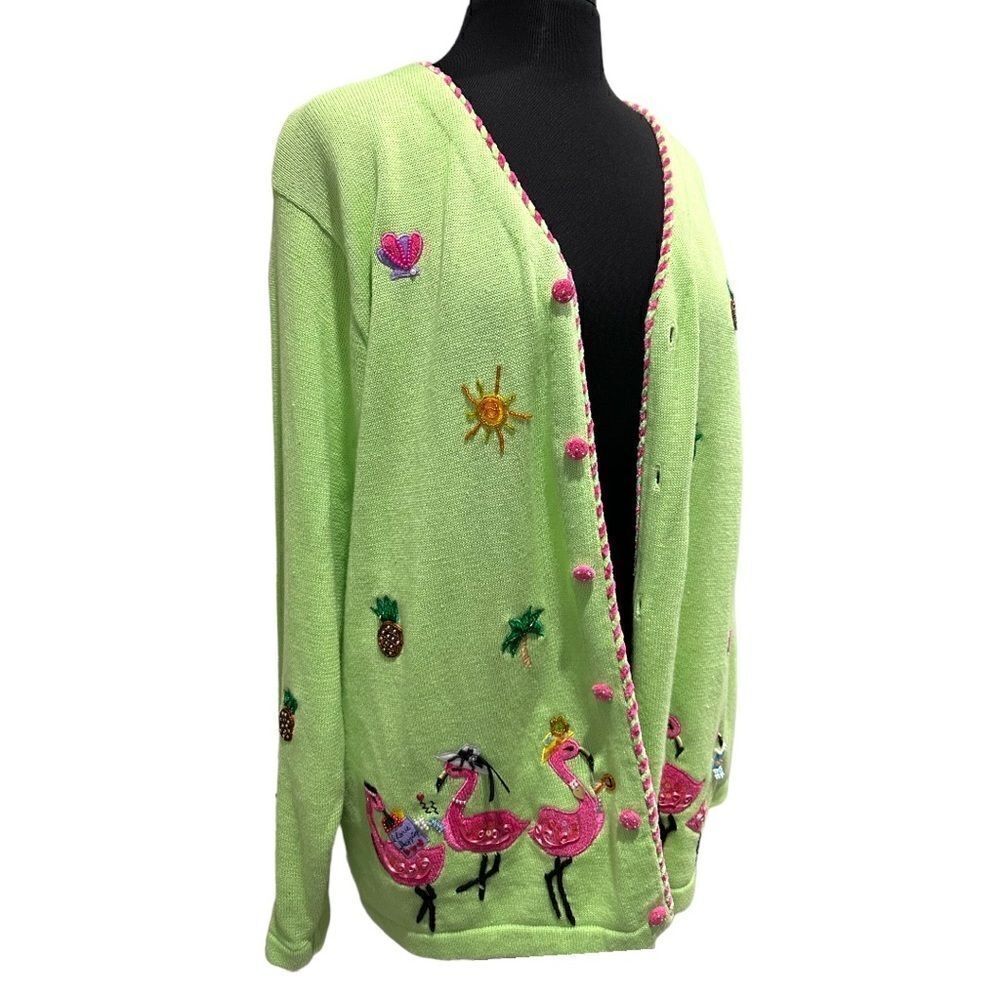 The Quacker Factory Shopping Flamingo Cardigan Sweater Sz L - Picture 3 of 10